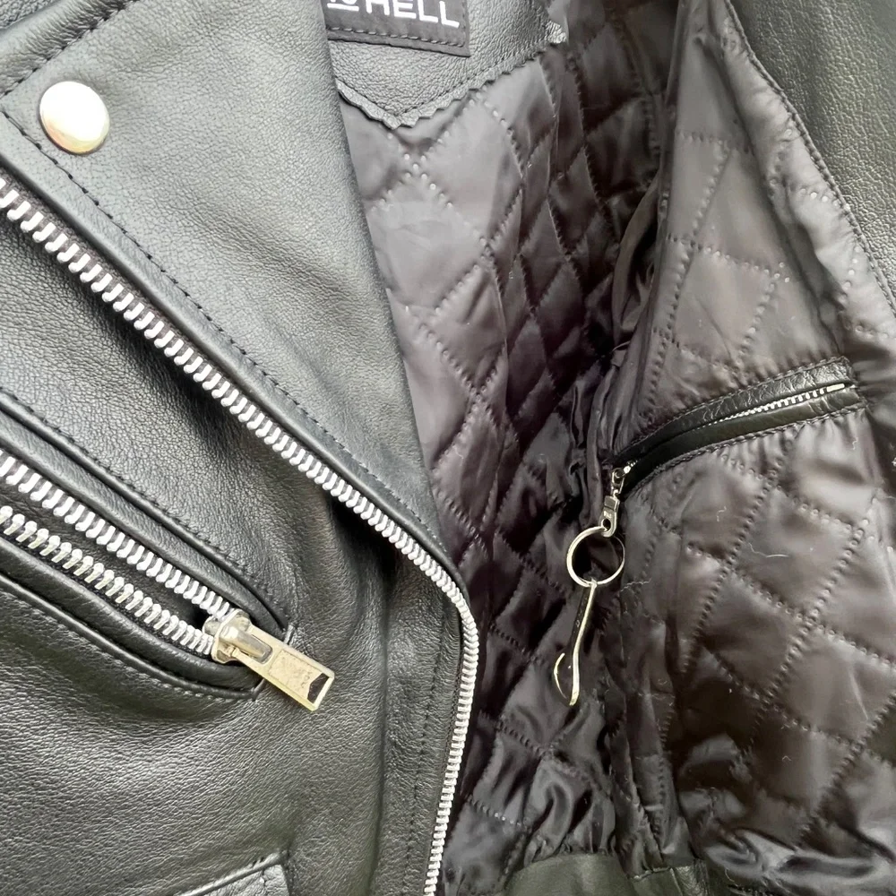 Straight To Hell Black Leather Moto Jacket Size L - Picture 7 of 12